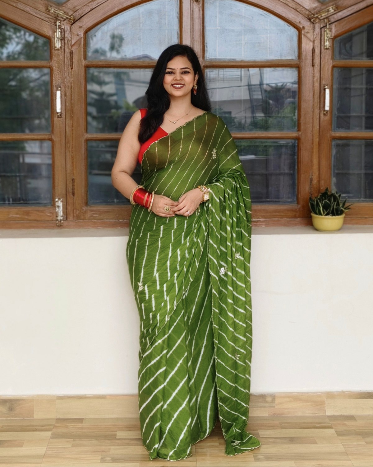 Mehendi Green Embroidered Leheriya Chinon Saree