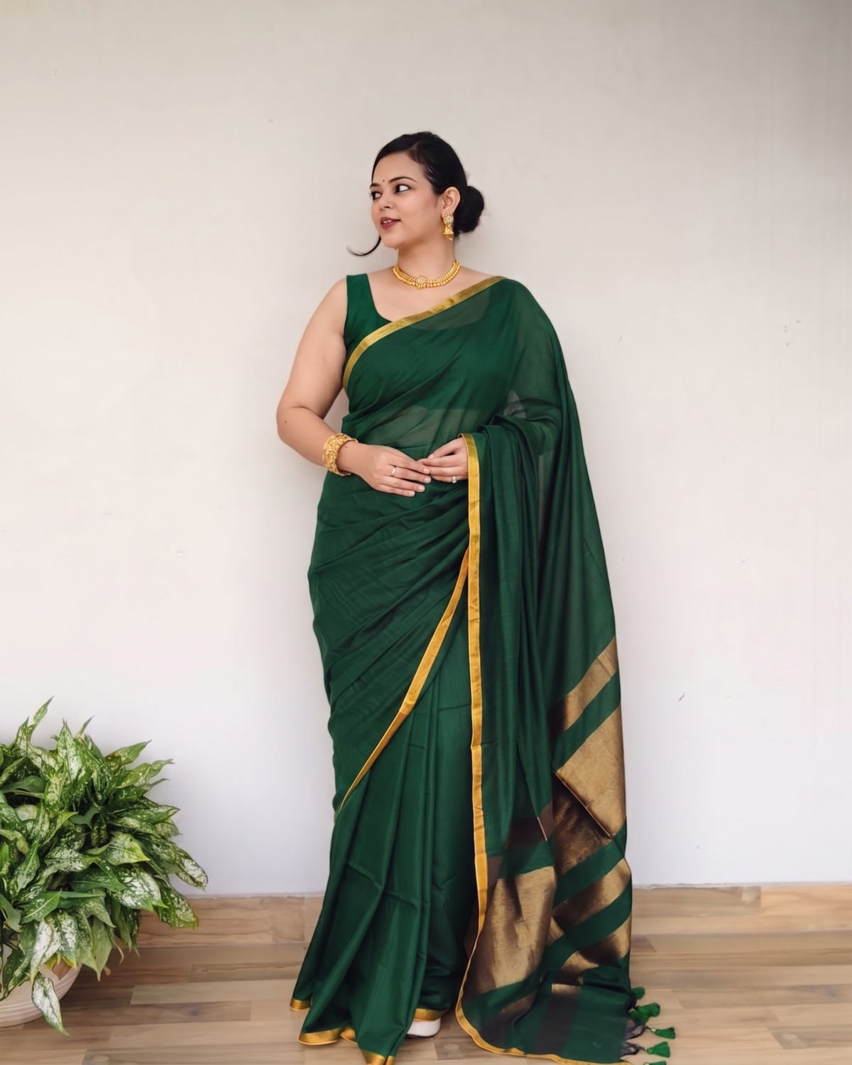 Bottle Green Slub Cotton Saree With Gold Zari Pallu
