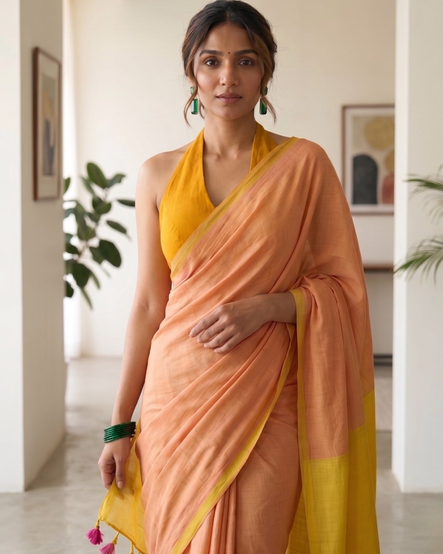 Orange and Yellow Handwoven Khadi Cotton Saree
