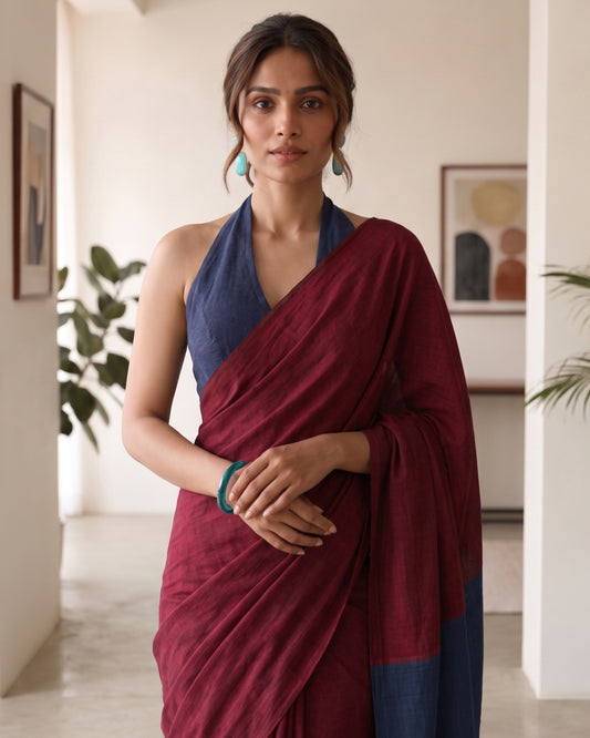 Maroon and Blue Handwoven Khadi Cotton Saree