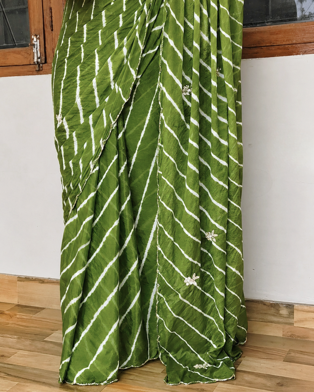 Mehendi Green Embroidered Leheriya Chinon Saree
