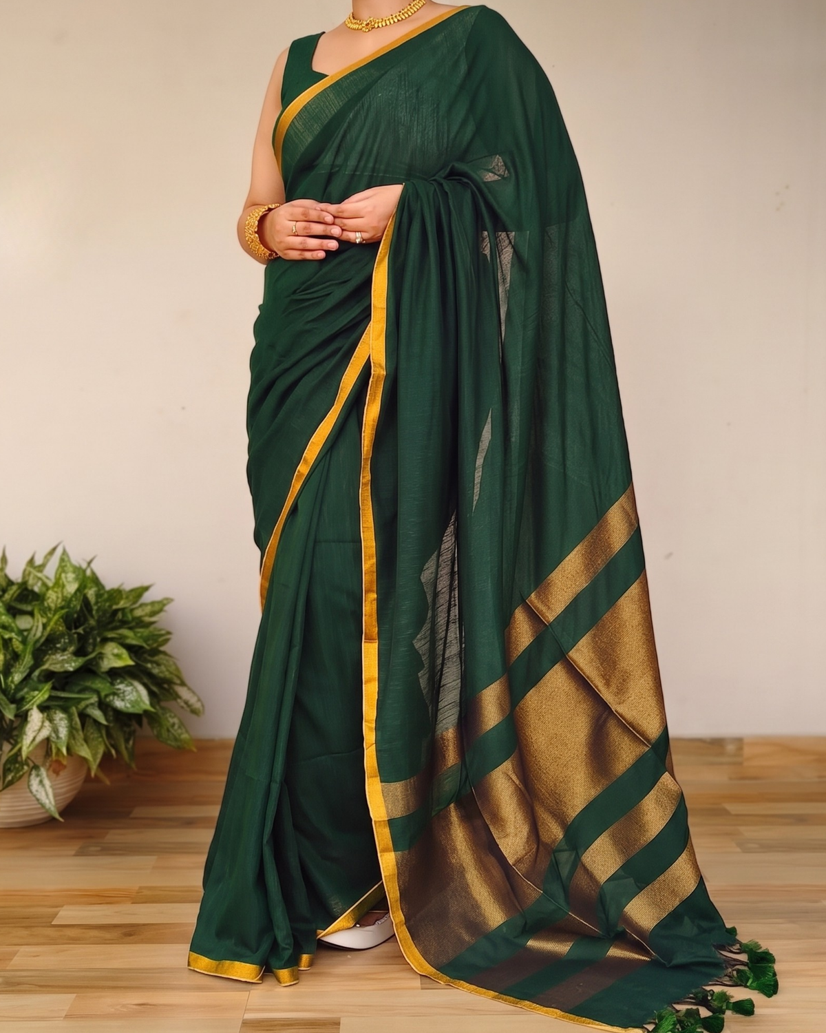 Bottle Green Slub Cotton Saree With Gold Zari Pallu