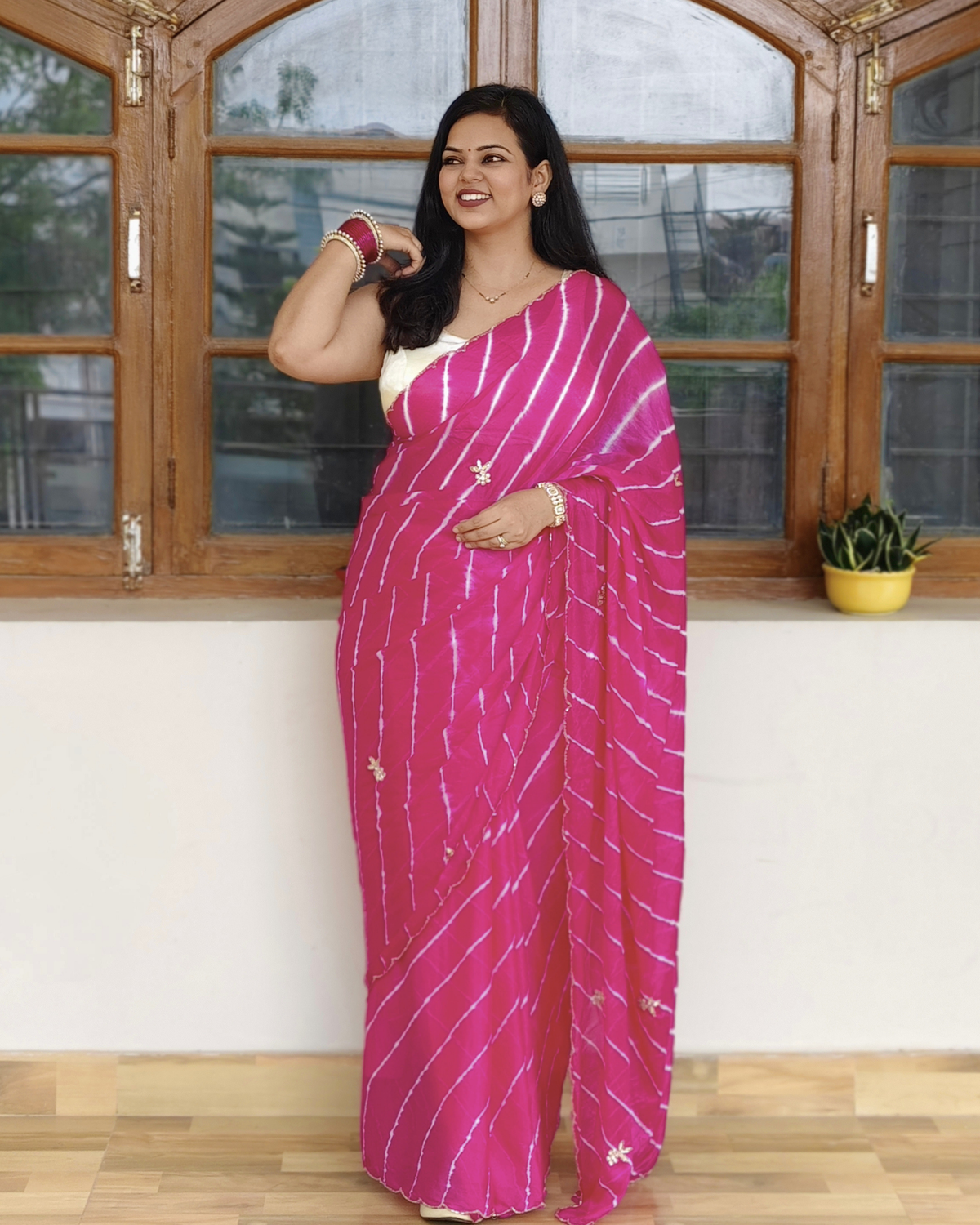 Rani Pink Embroidered Leheriya Chinon Saree