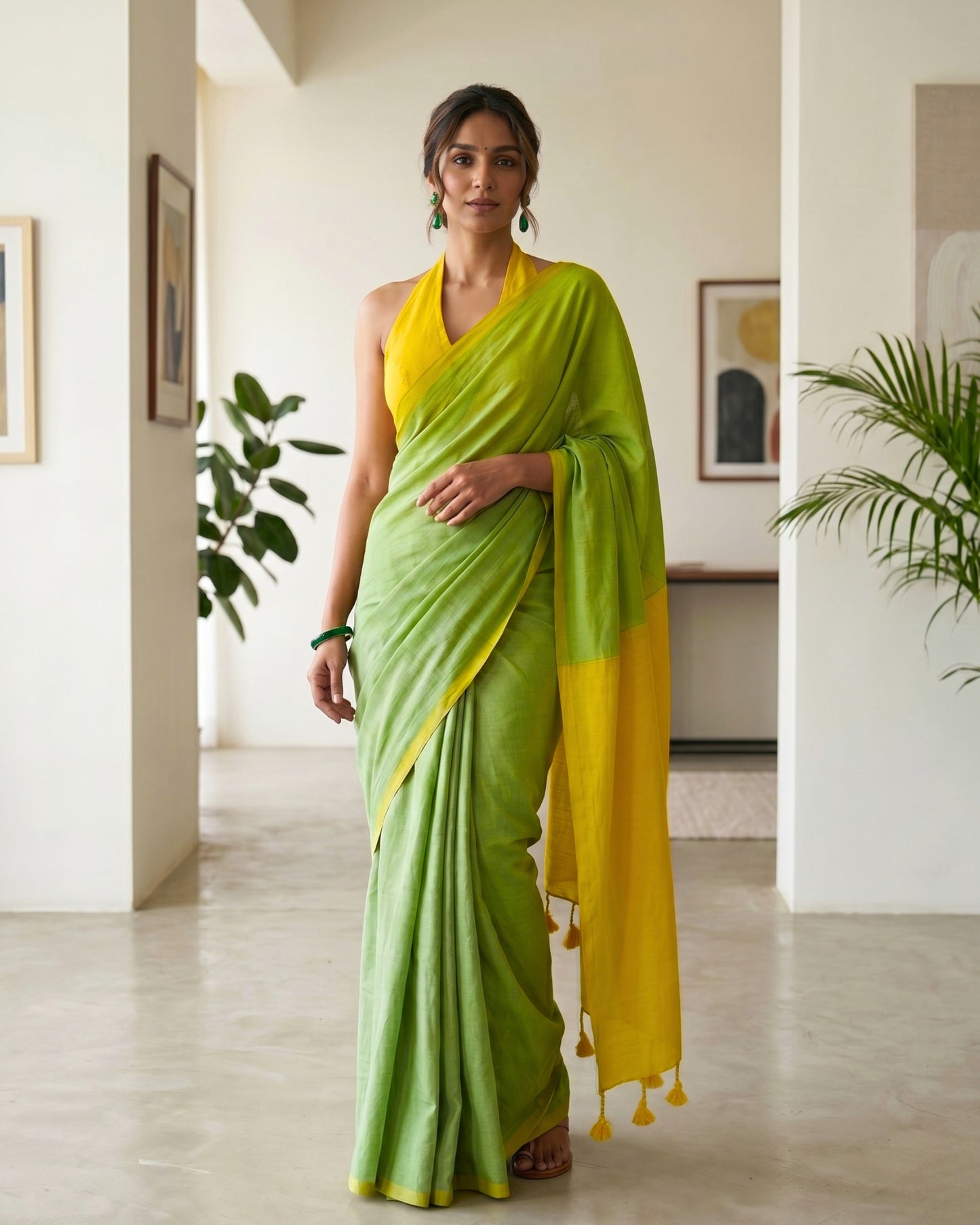 Parrot Green and Yellow Handwoven Khadi Cotton Saree