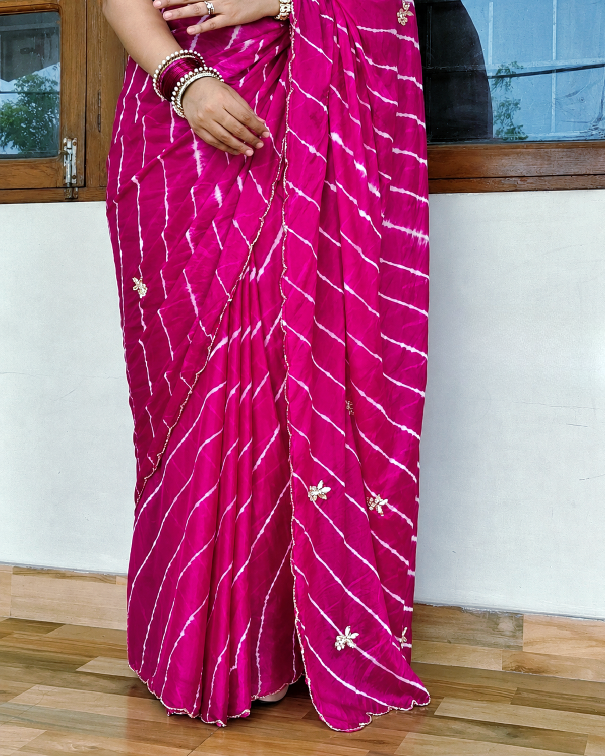 Rani Pink Embroidered Leheriya Chinon Saree