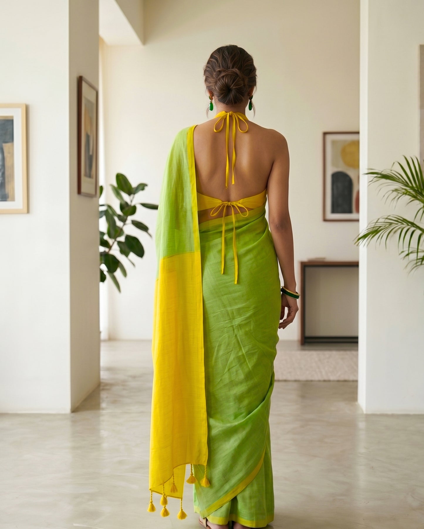 Parrot Green and Yellow Handwoven Khadi Cotton Saree