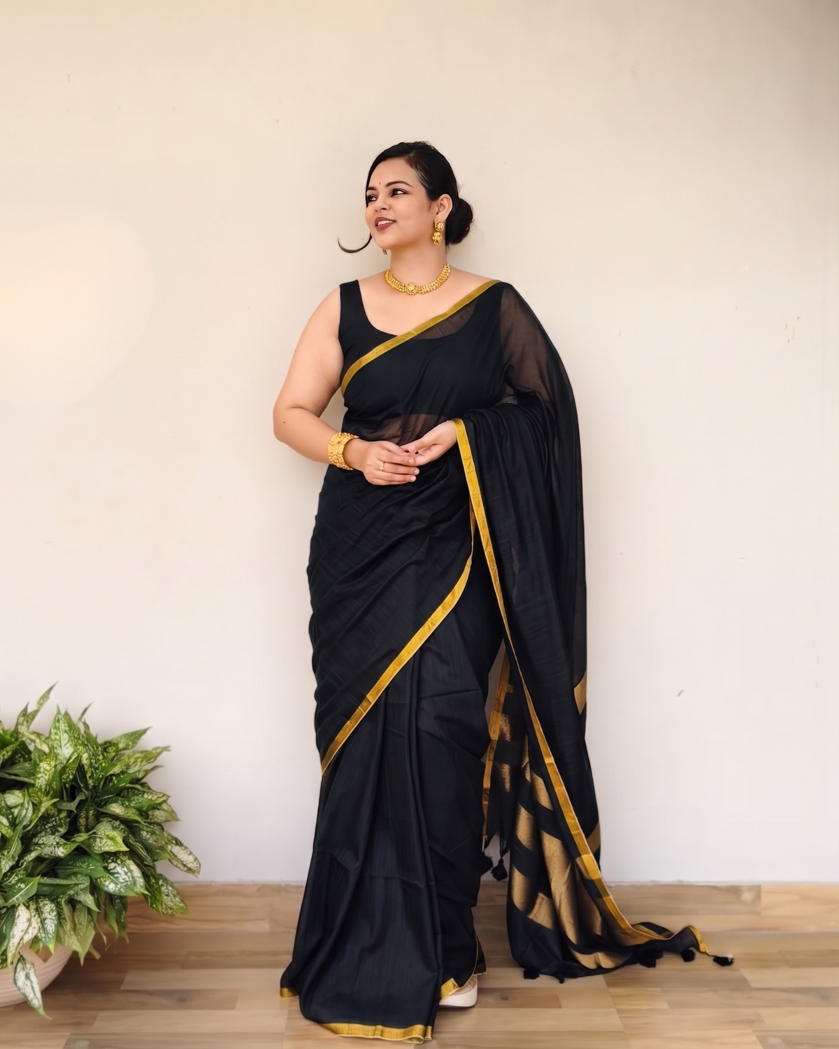Black Slub Cotton Saree With Gold Zari Pallu