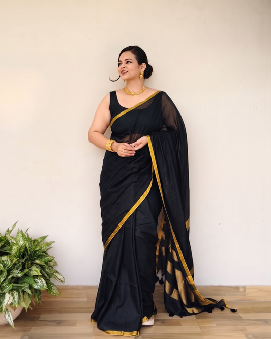 Black Slub Cotton Saree With Gold Zari Pallu