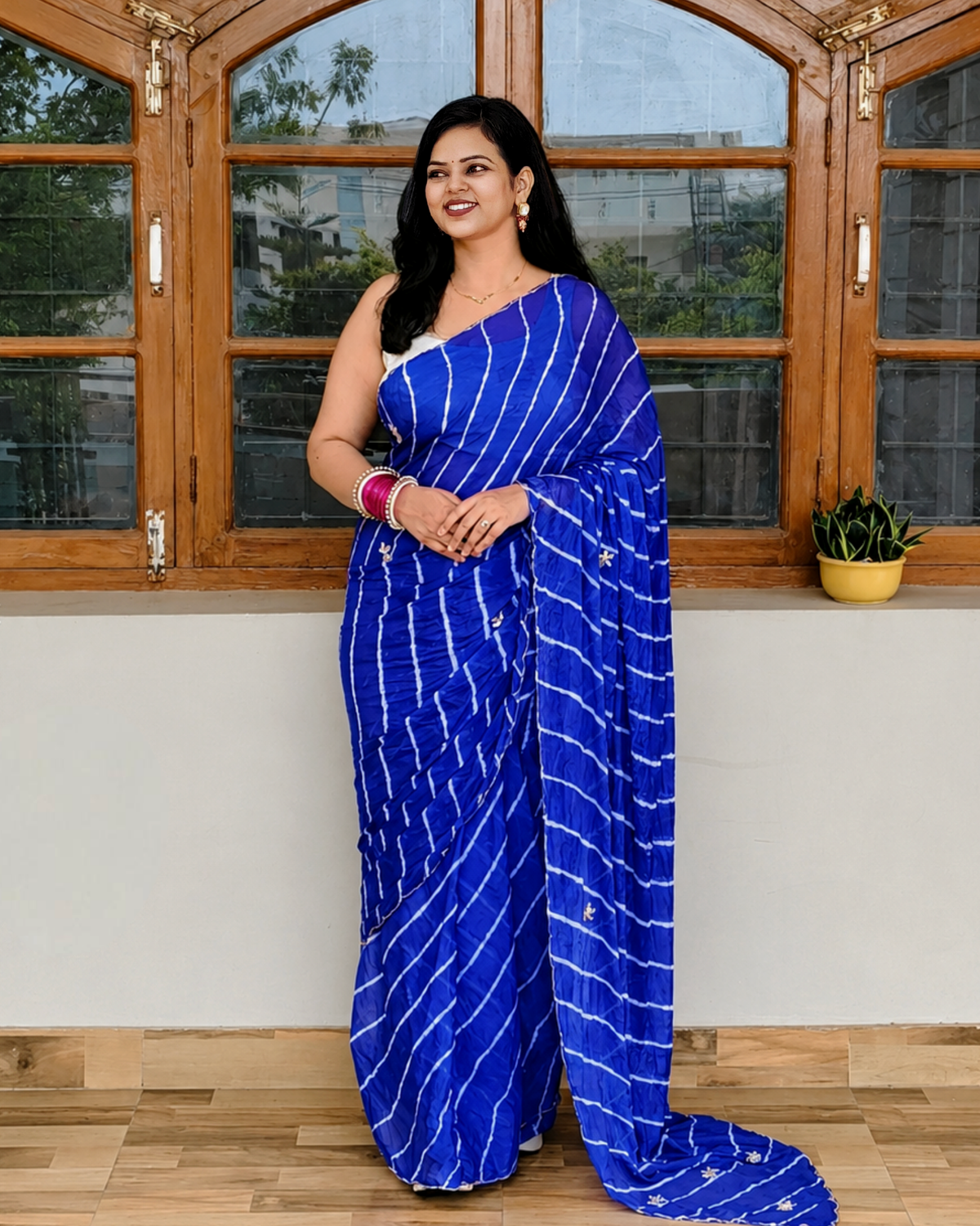 Royal Blue Embroidered Leheriya Chinon Saree