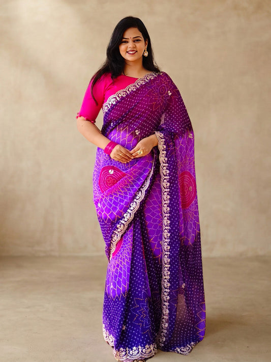 Purple And Pink Bandhani Printed Georgette Saree