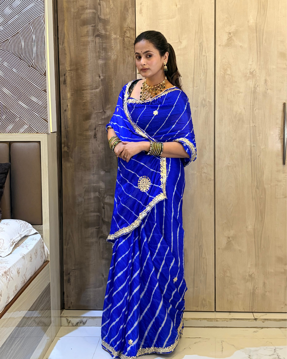 Royal Blue Gota Patti Leheriya Chinon Saree