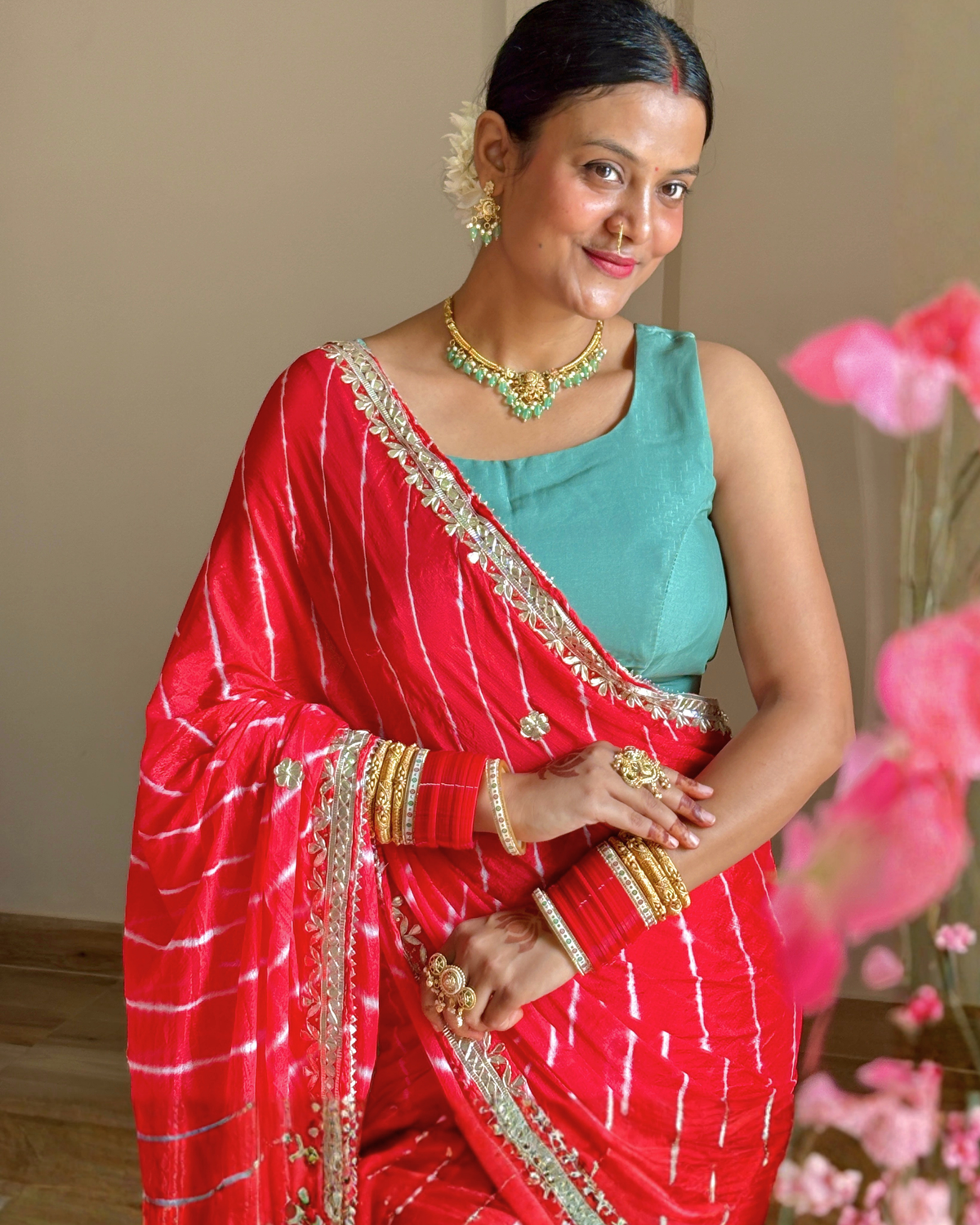 Red Gota Patti Leheriya Chinon Saree