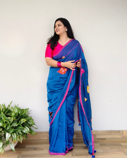 Blue Printed Patchwork Soft Cotton Saree