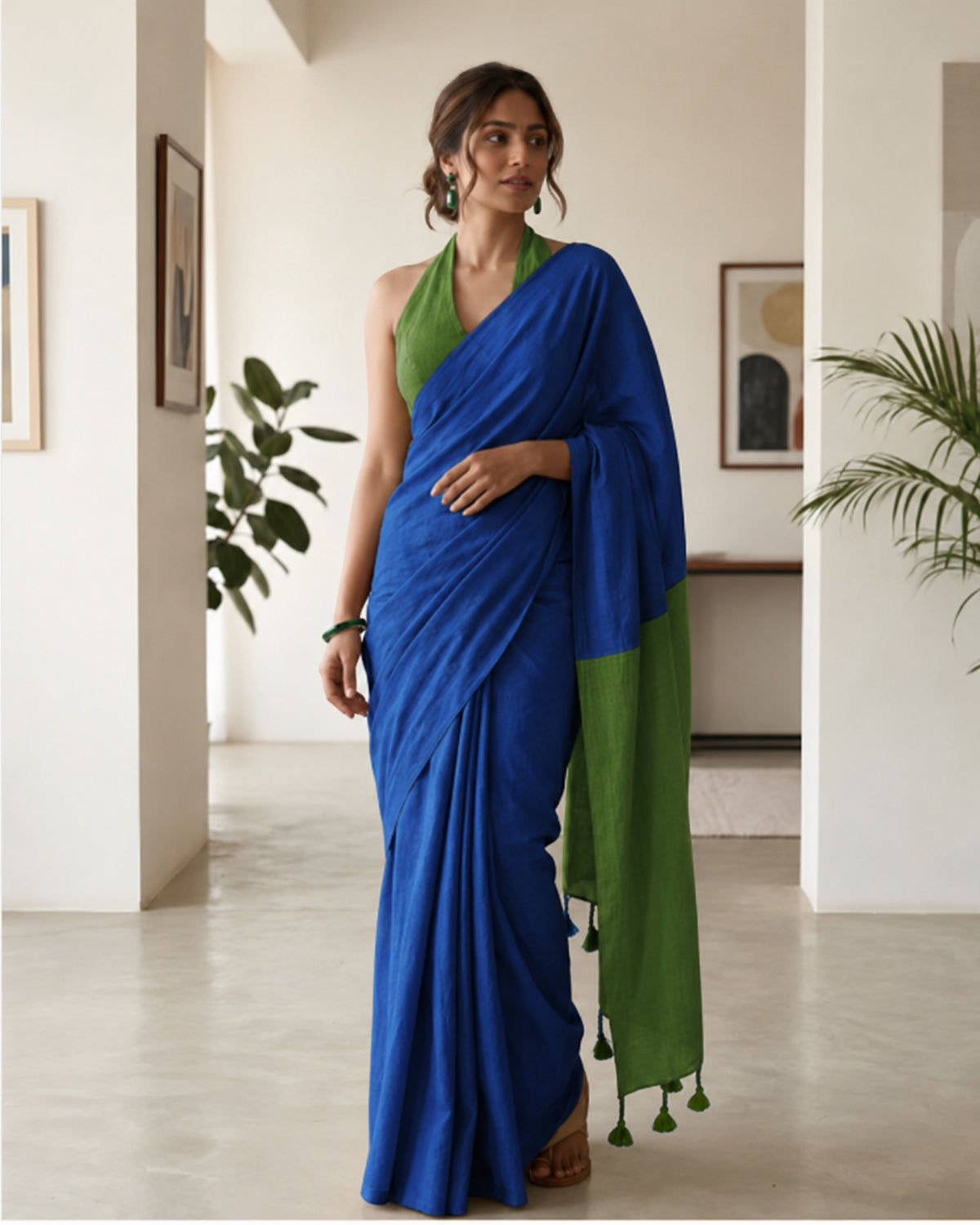 Blue and Green Handwoven Khadi Cotton Saree