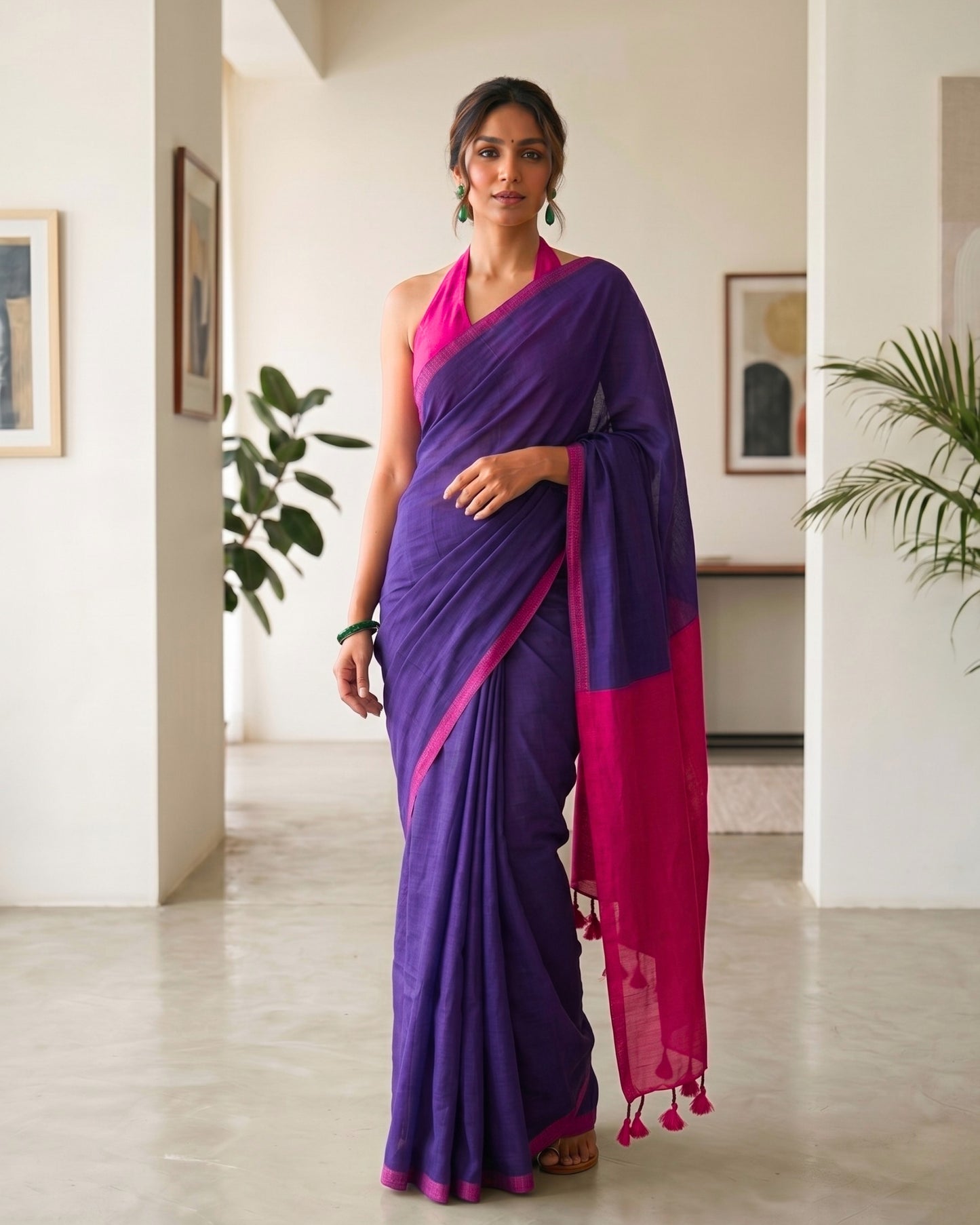 Purple and Pink Handwoven Khadi Cotton Saree