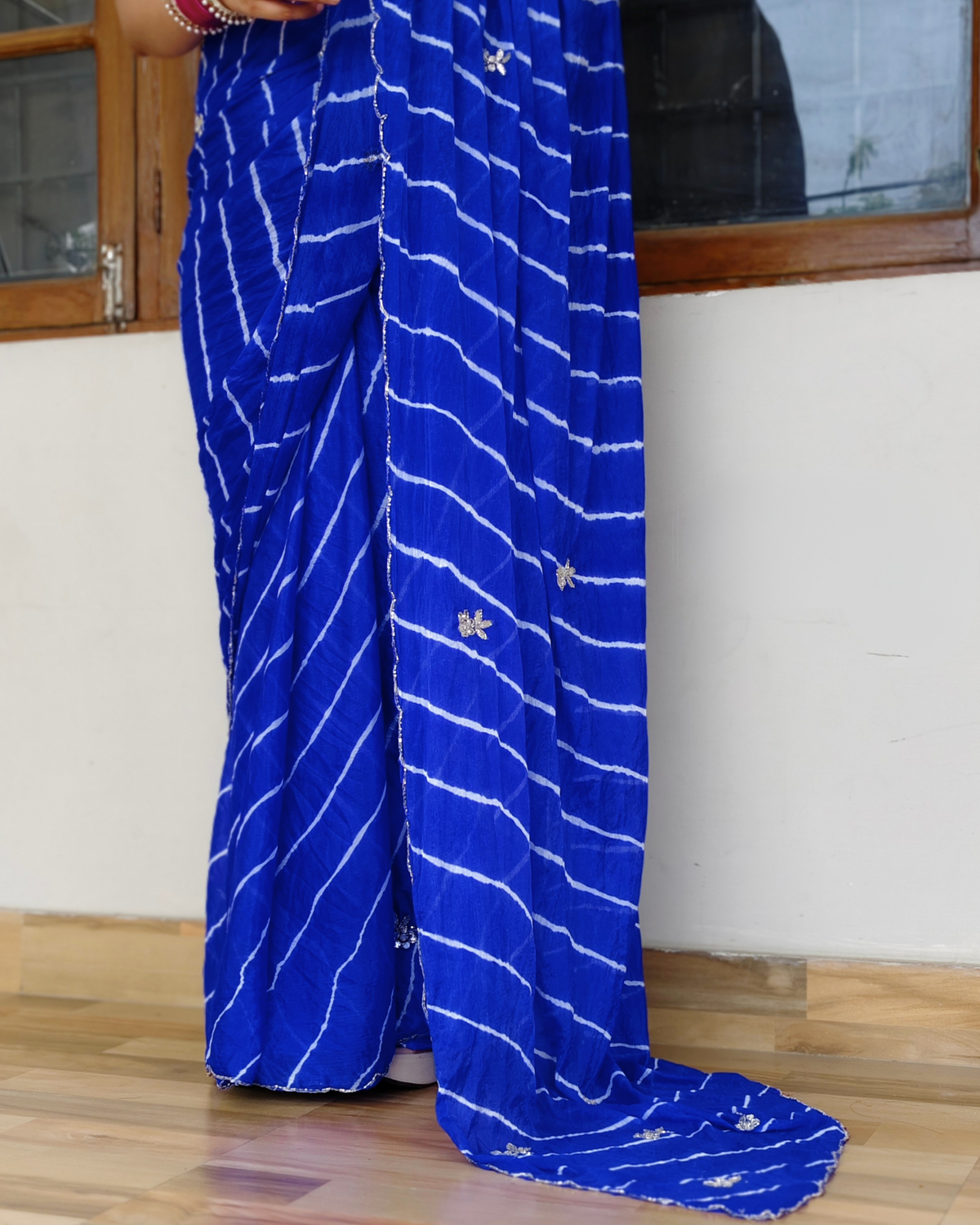 Royal Blue Embroidered Leheriya Chinon Saree