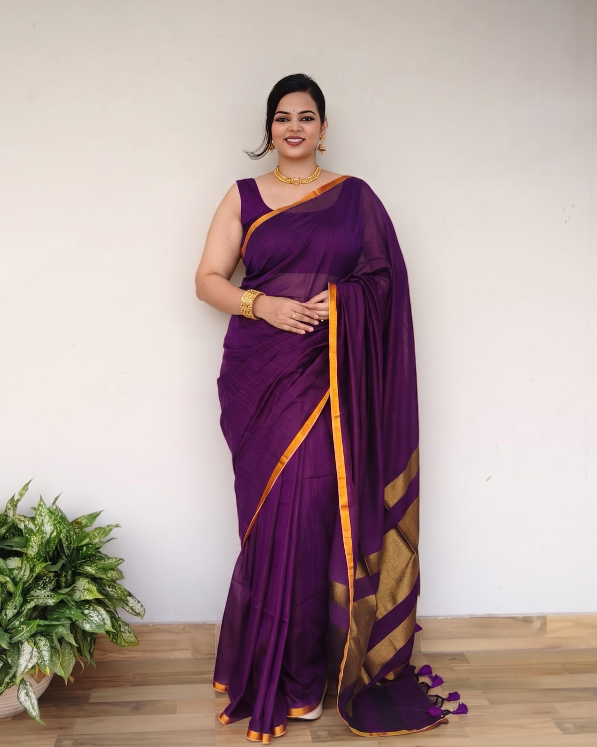 Purple Slub Cotton Saree With Gold Zari Pallu