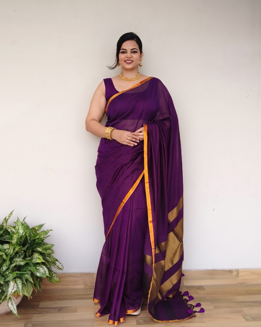 Purple Slub Cotton Saree With Gold Zari Pallu