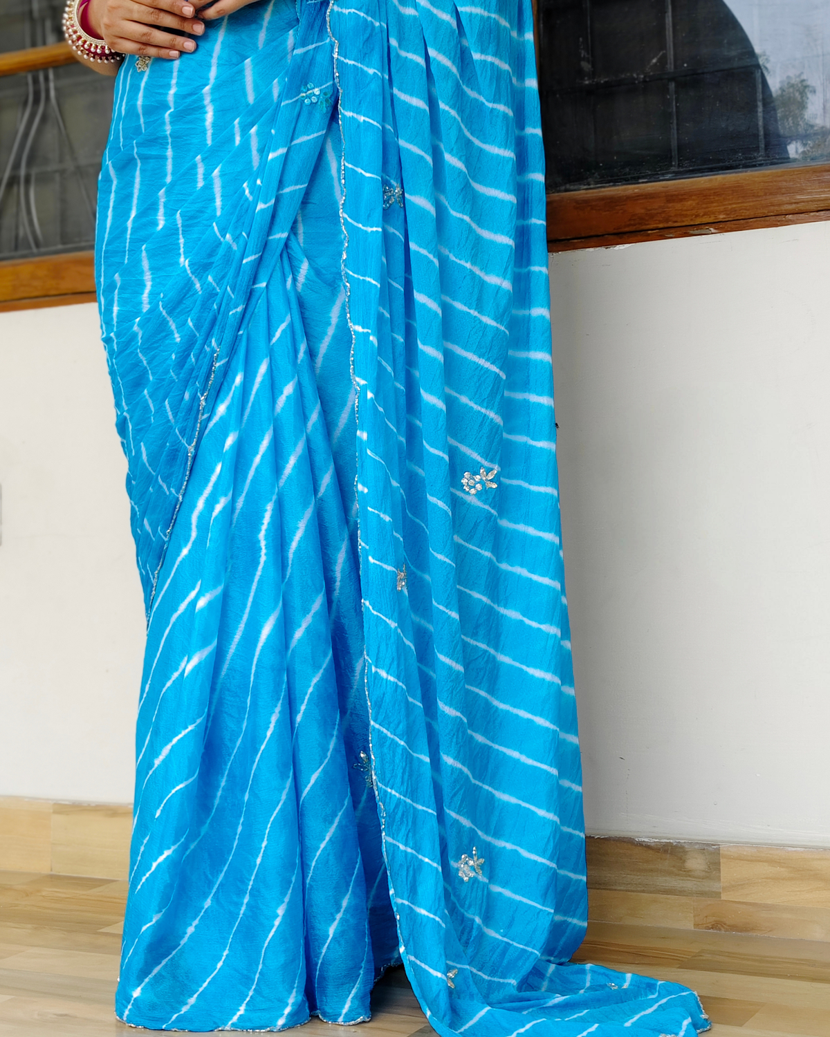 Sky Blue Embroidered Leheriya Chinon Saree