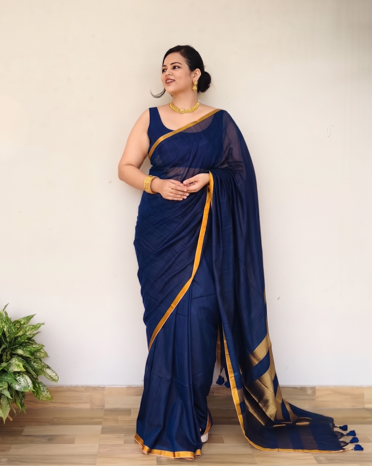 Navy Blue Slub Cotton Saree With Gold Zari Pallu