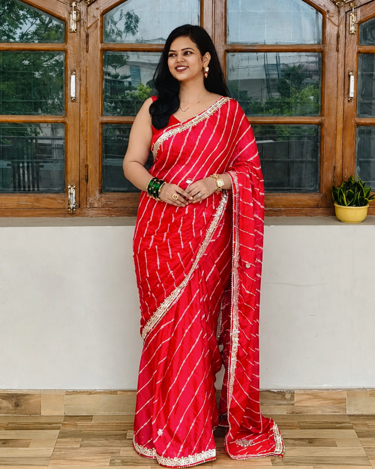 Red Gota Patti Leheriya Chinon Saree