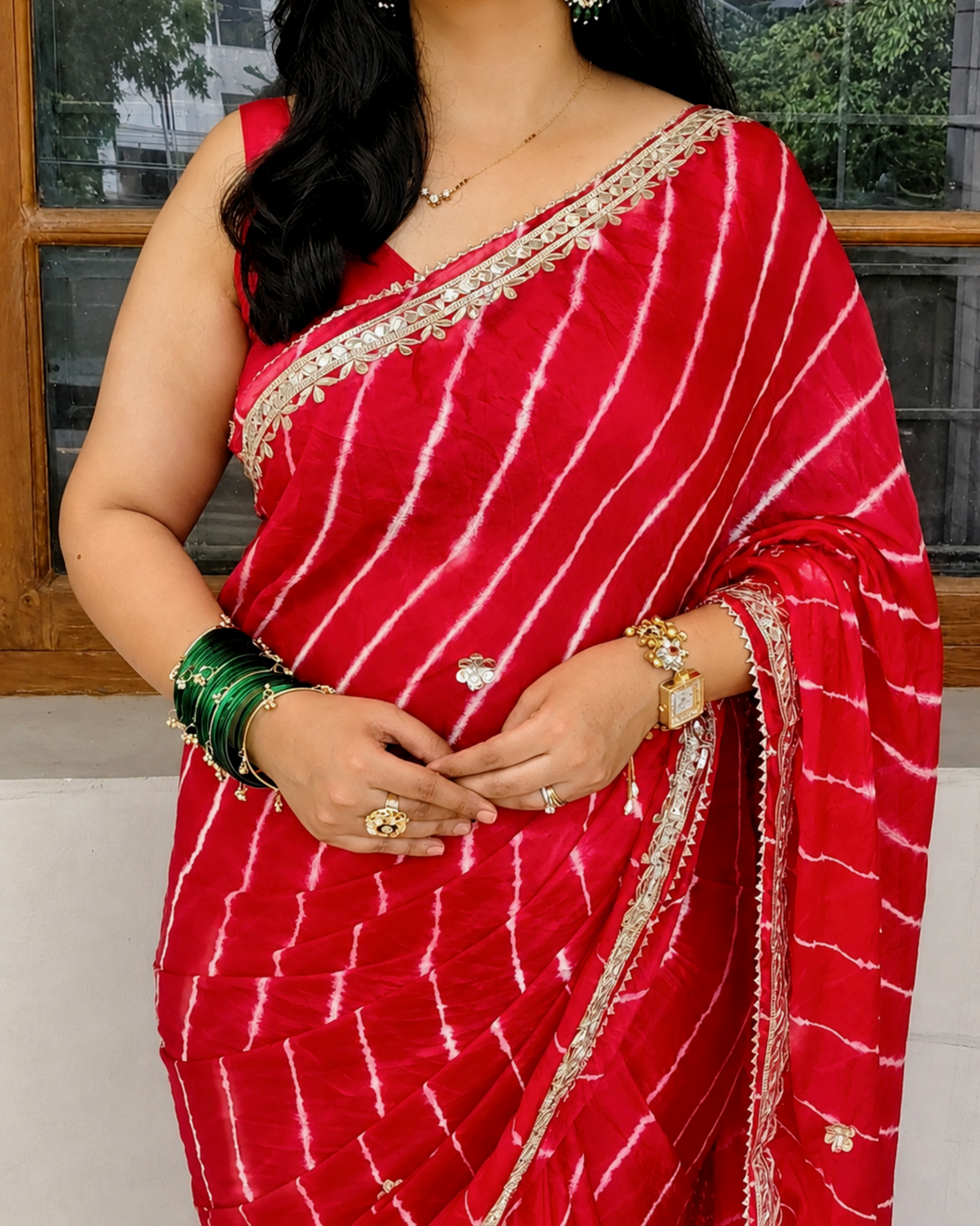 Red Gota Patti Leheriya Chinon Saree