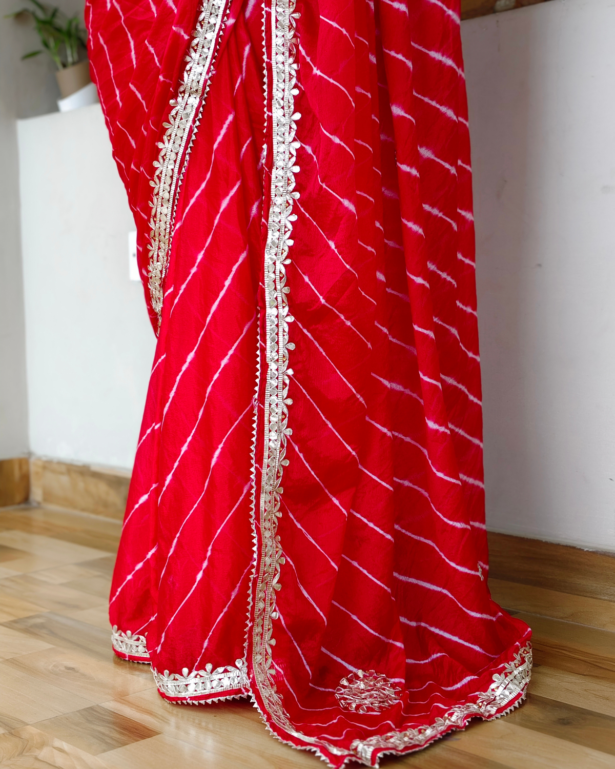 Red Gota Patti Leheriya Chinon Saree