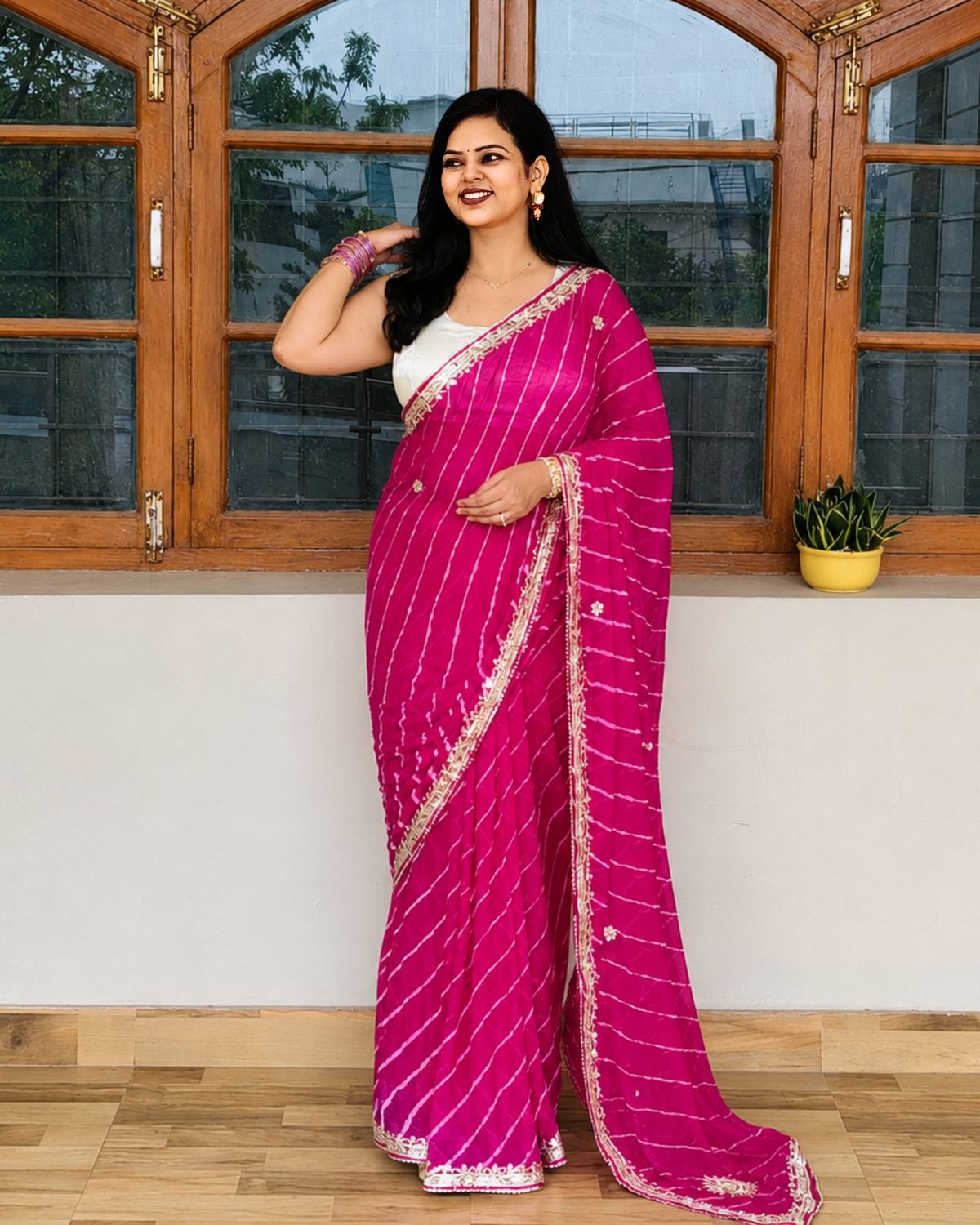 Rani Pink Gota Patti Leheriya Chinon Saree