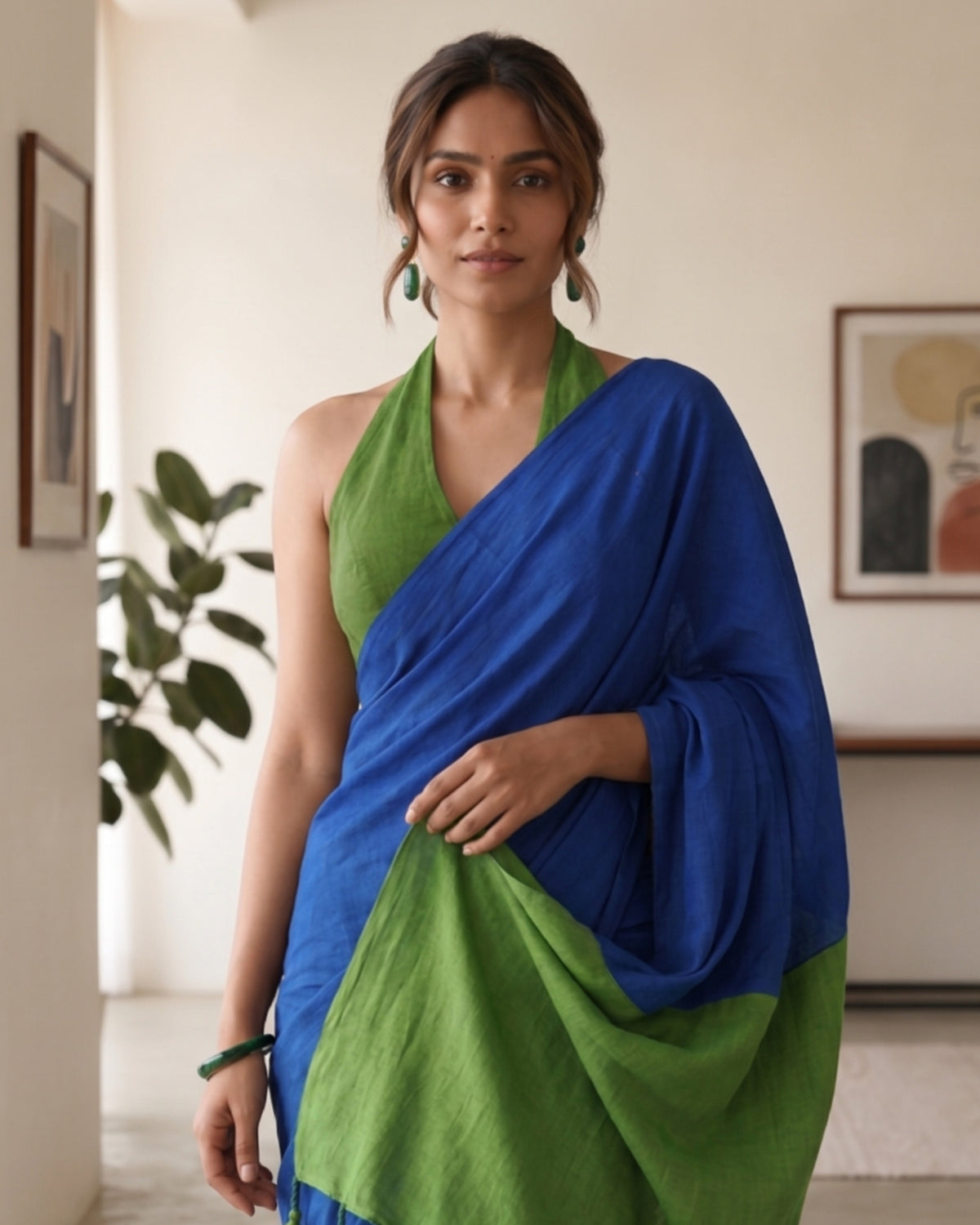 Blue and Green Handwoven Khadi Cotton Saree