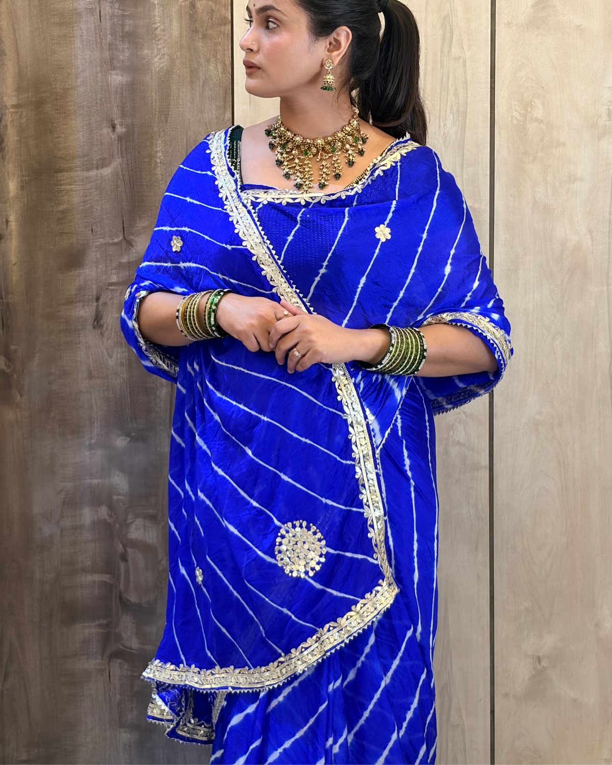 Royal Blue Gota Patti Leheriya Chinon Saree