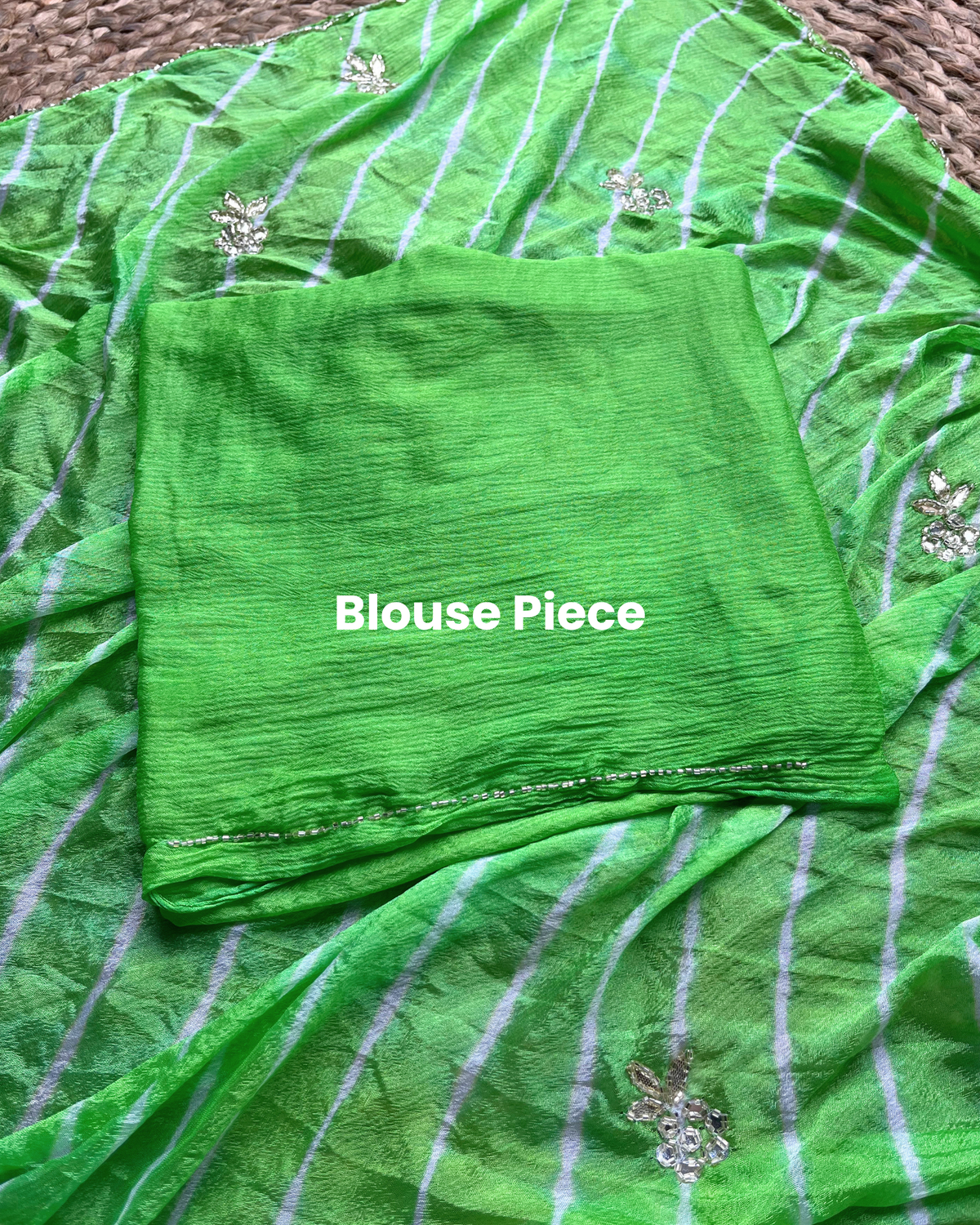 Parrot Green Embroidered Leheriya Chinon Saree