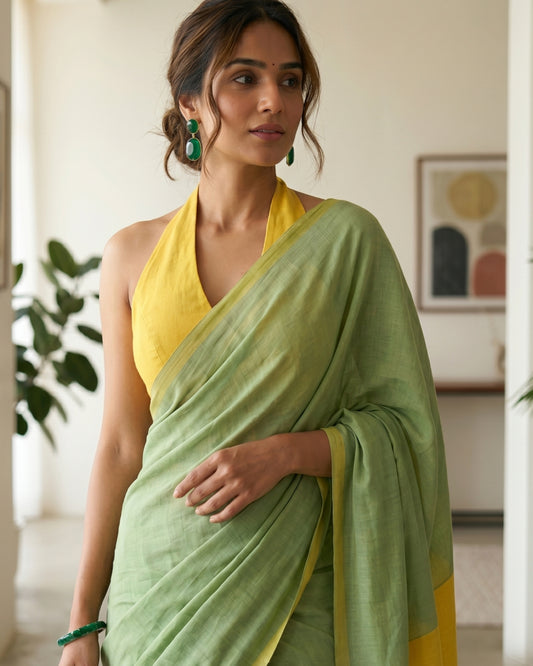 Mint Green and Yellow Handwoven Khadi Cotton Saree