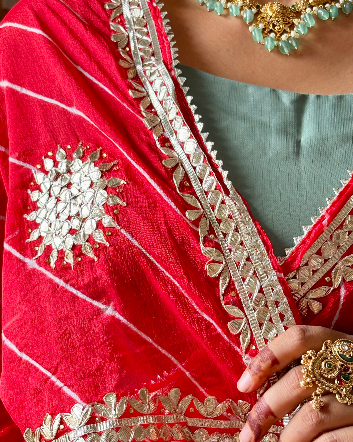 Red Gota Patti Leheriya Chinon Saree