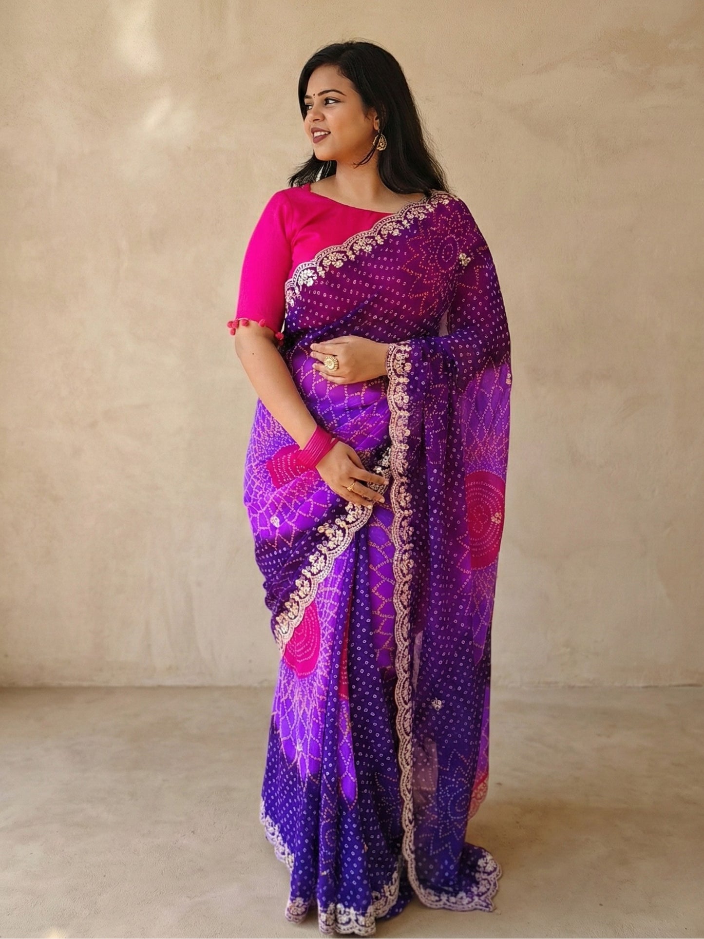 Purple And Pink Bandhani Printed Georgette Saree
