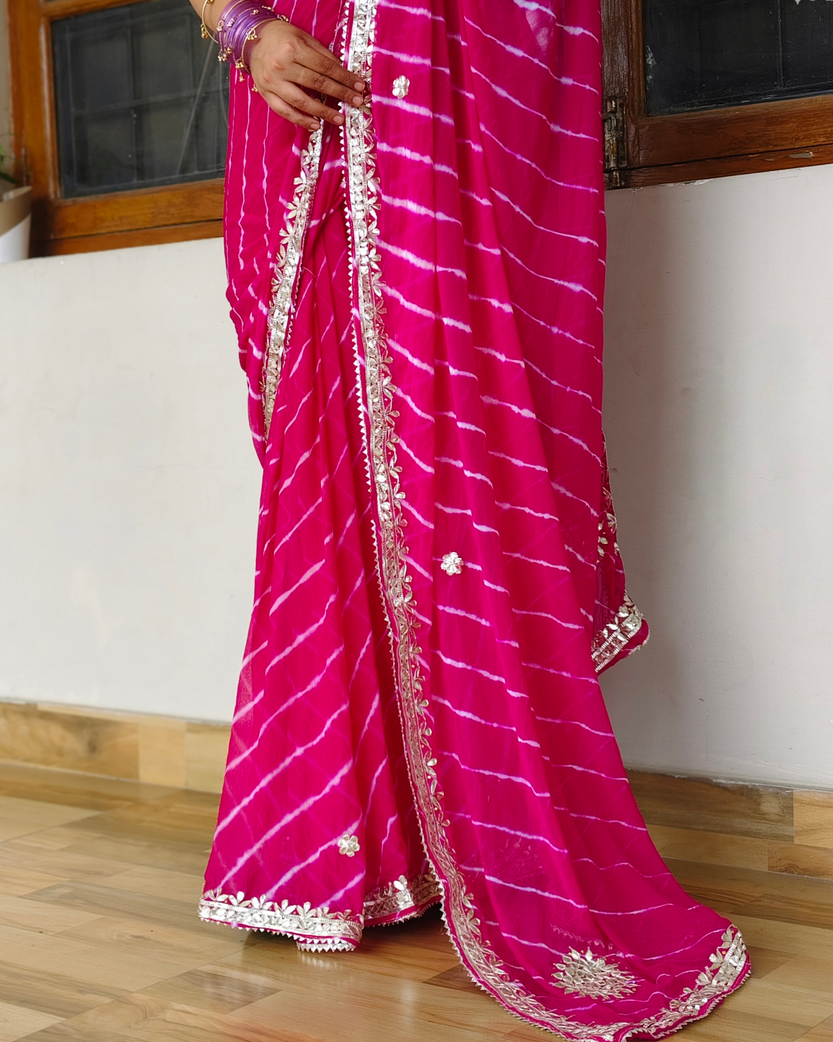 Rani Pink Gota Patti Leheriya Chinon Saree