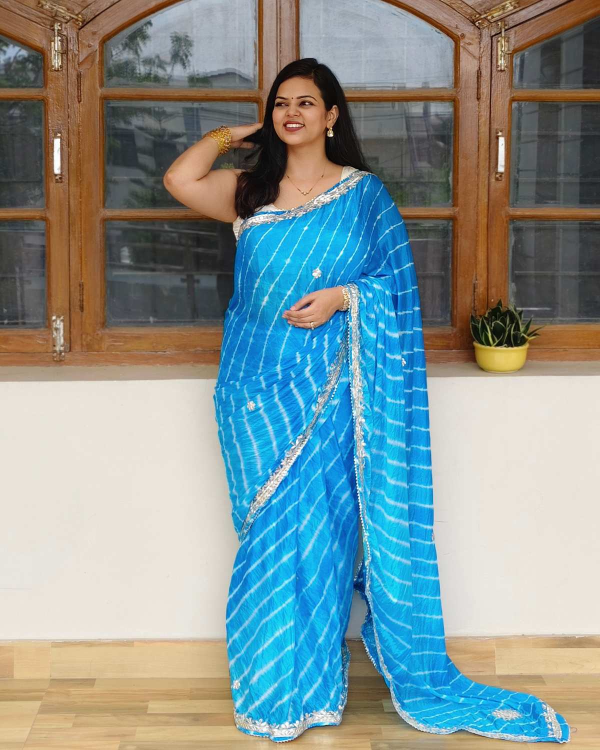 Sky Blue Gota Patti Leheriya Chinon Saree