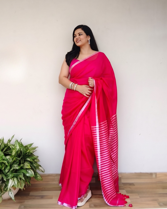 Rani Pink Slub Cotton Saree With Silver Zari Pallu