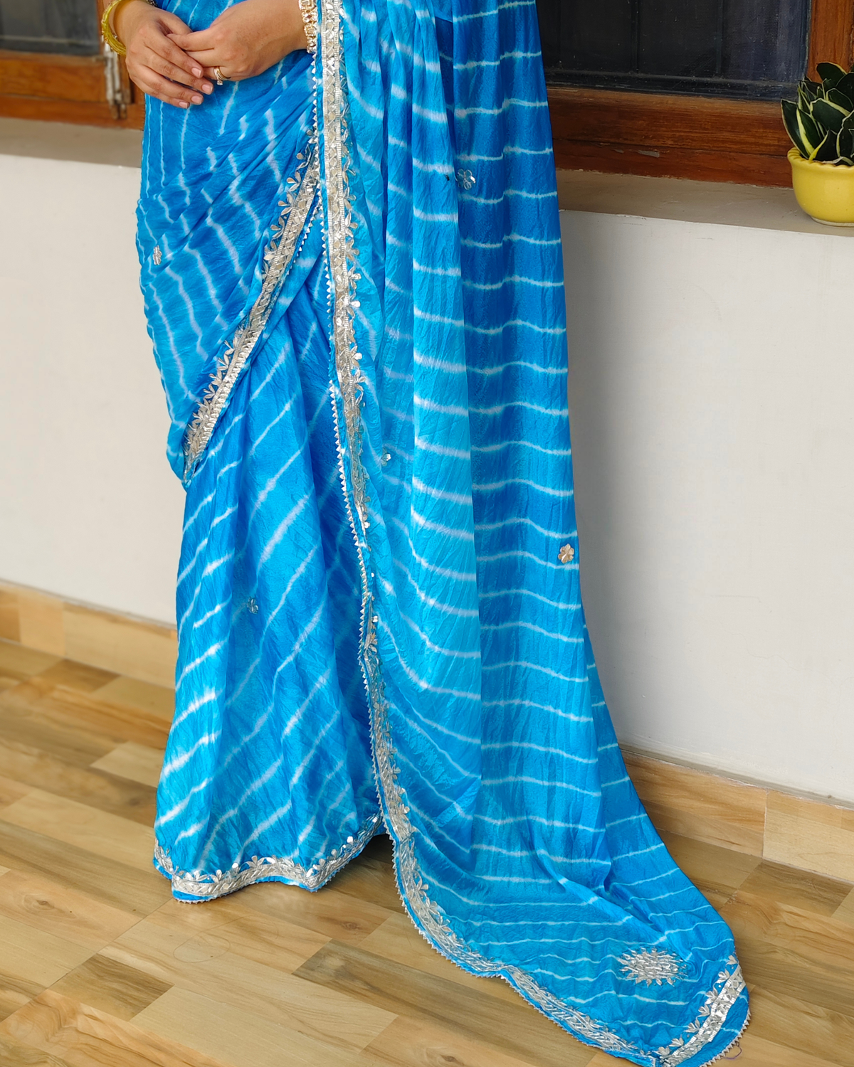 Sky Blue Gota Patti Leheriya Chinon Saree