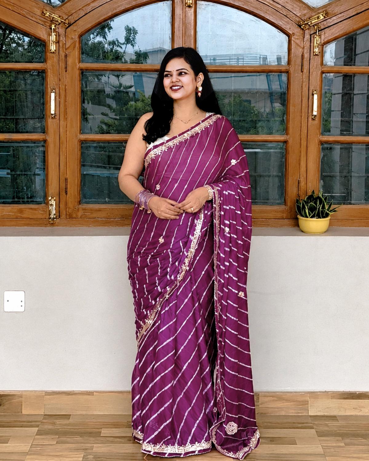 Purple Gota Patti Leheriya Chinon Saree