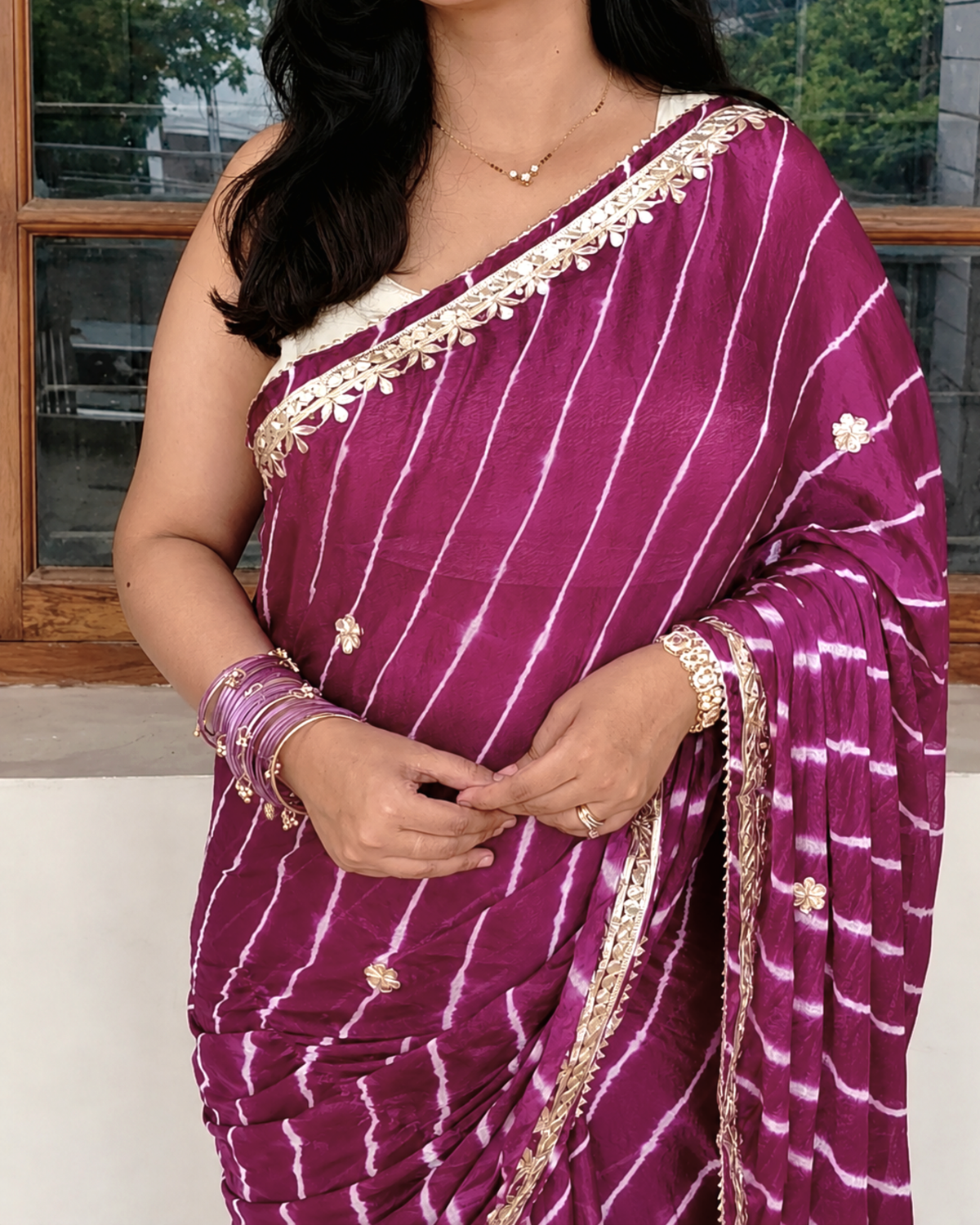 Purple Gota Patti Leheriya Chinon Saree