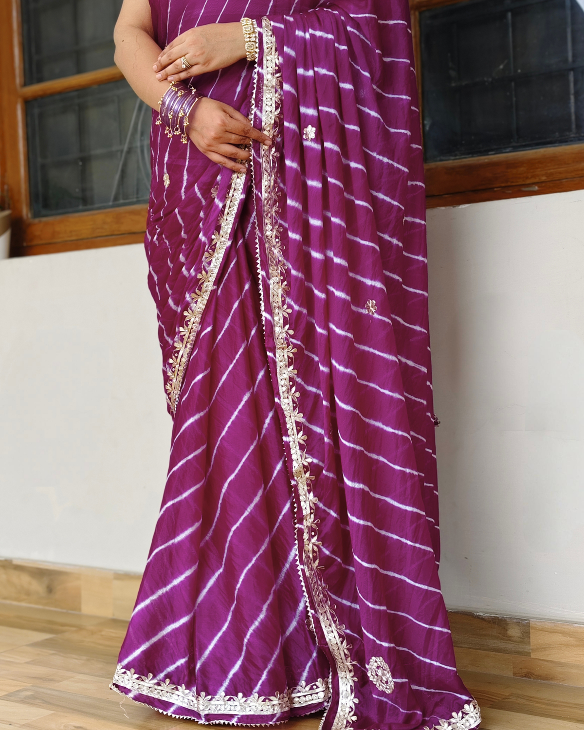 Purple Gota Patti Leheriya Chinon Saree