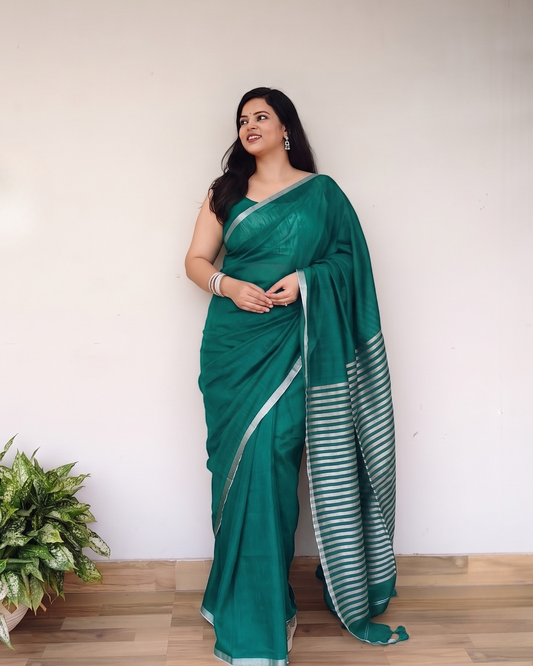 Teal Green Slub Cotton Saree With Silver Zari Pallu