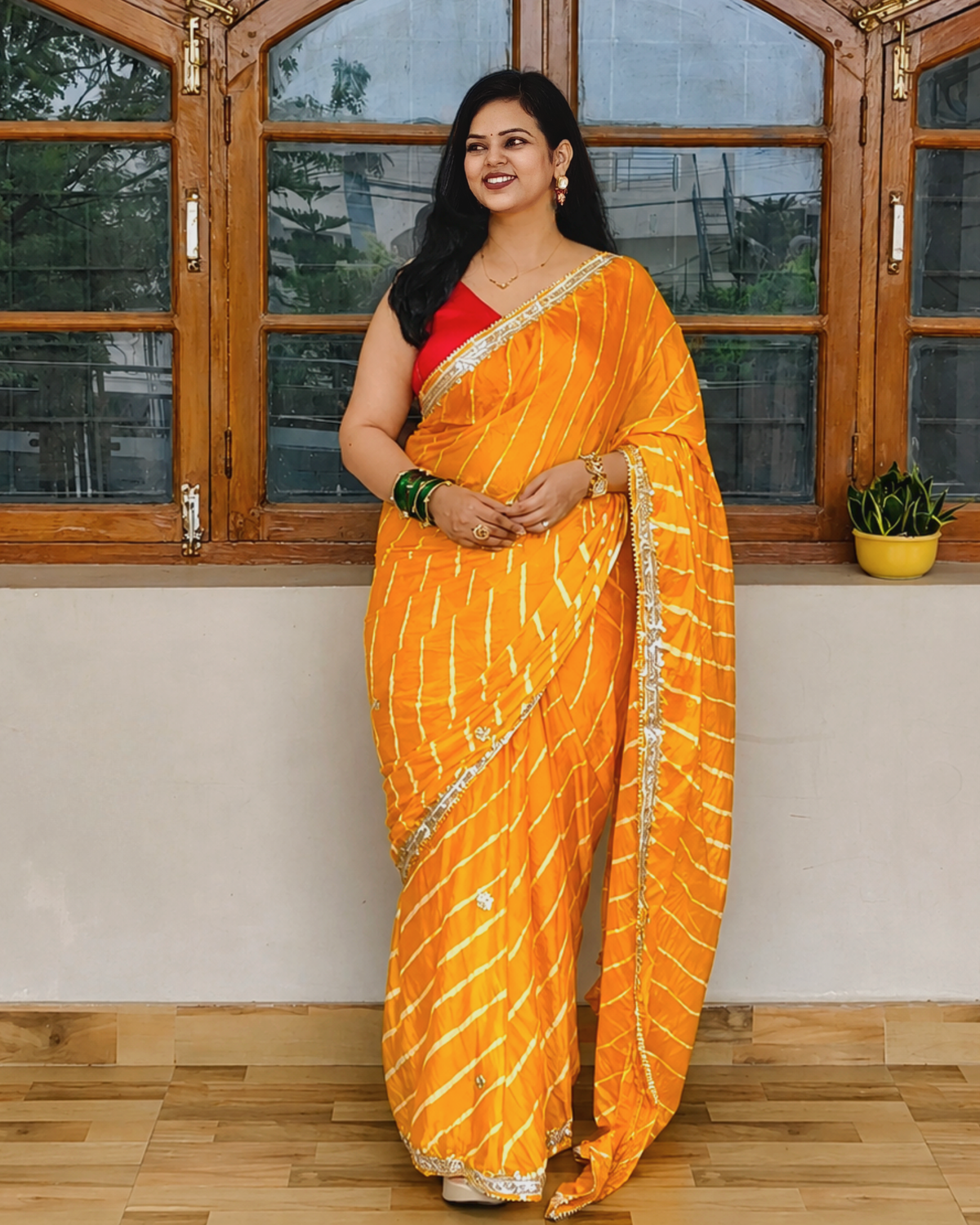 Yellow Gota Patti Leheriya Chinon Saree