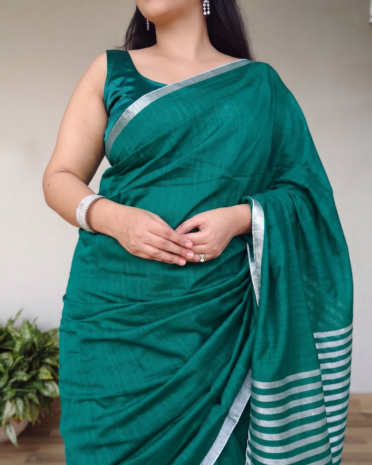 Teal Green Slub Cotton Saree With Silver Zari Pallu