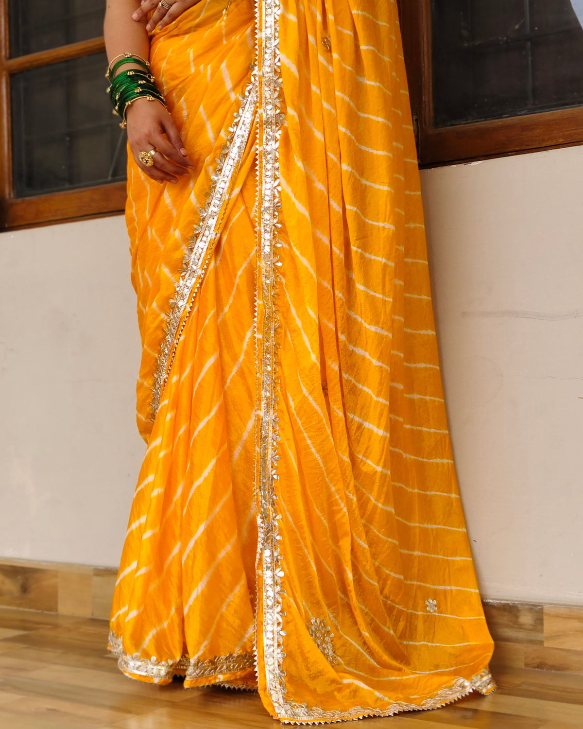 Yellow Gota Patti Leheriya Chinon Saree