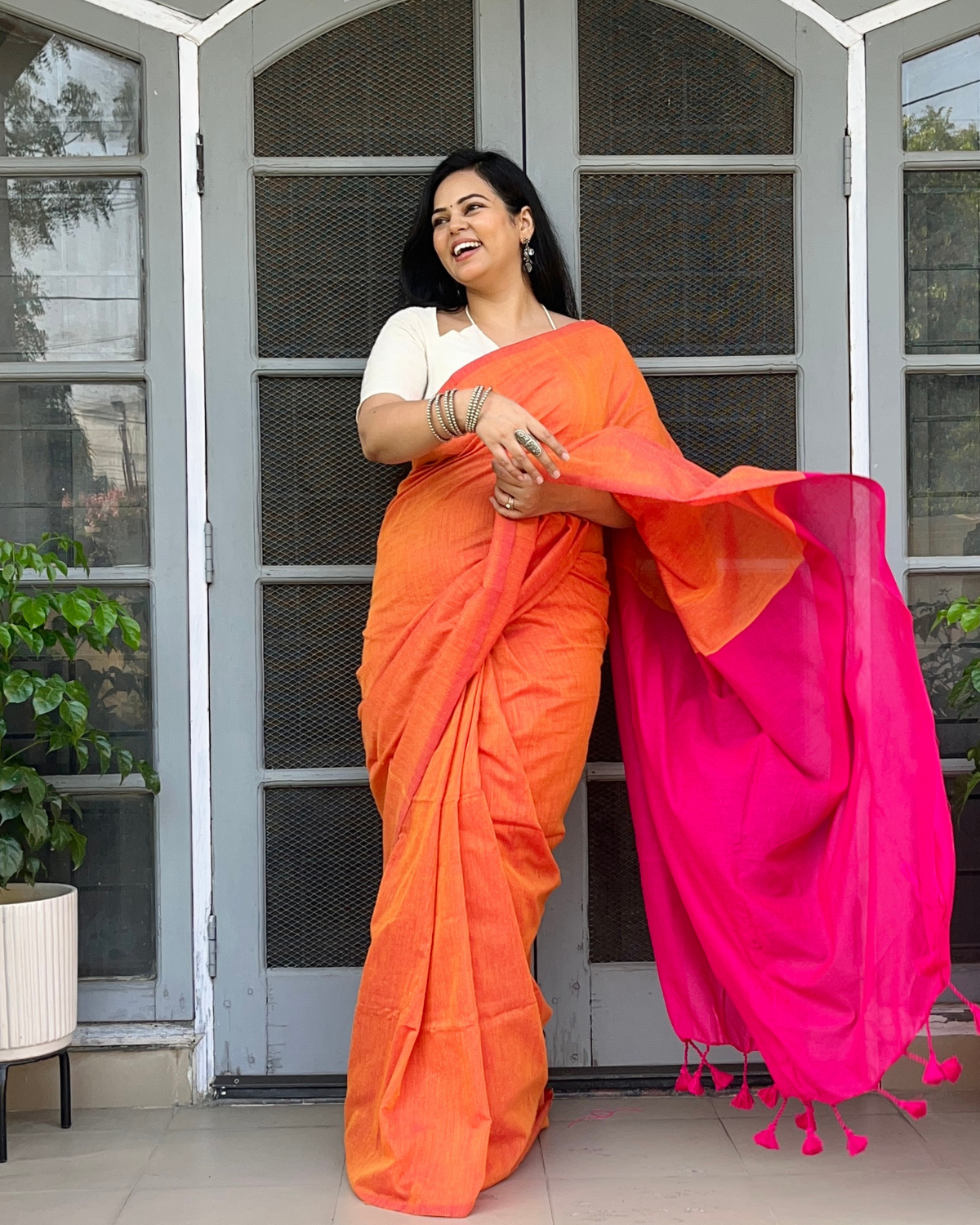 Burnt Orange and Pink Handwoven Khadi Cotton Saree