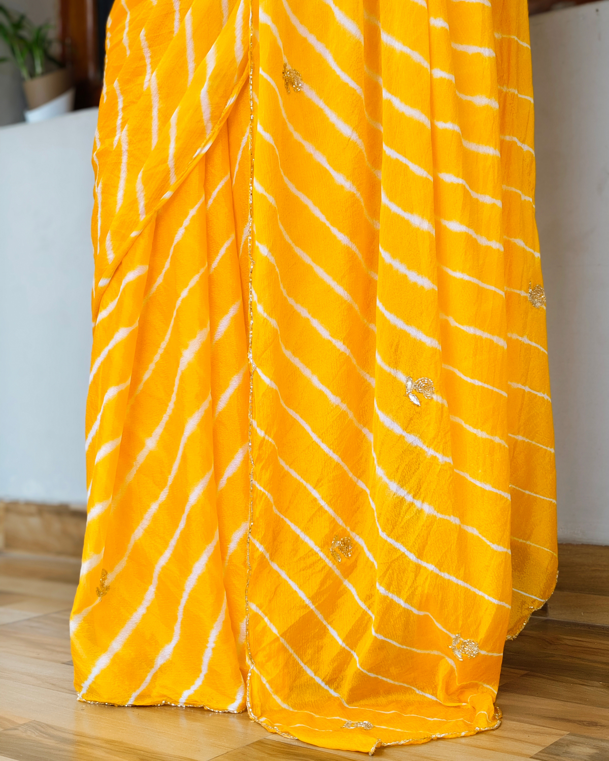 Yellow Embroidered Leheriya Chinon Saree