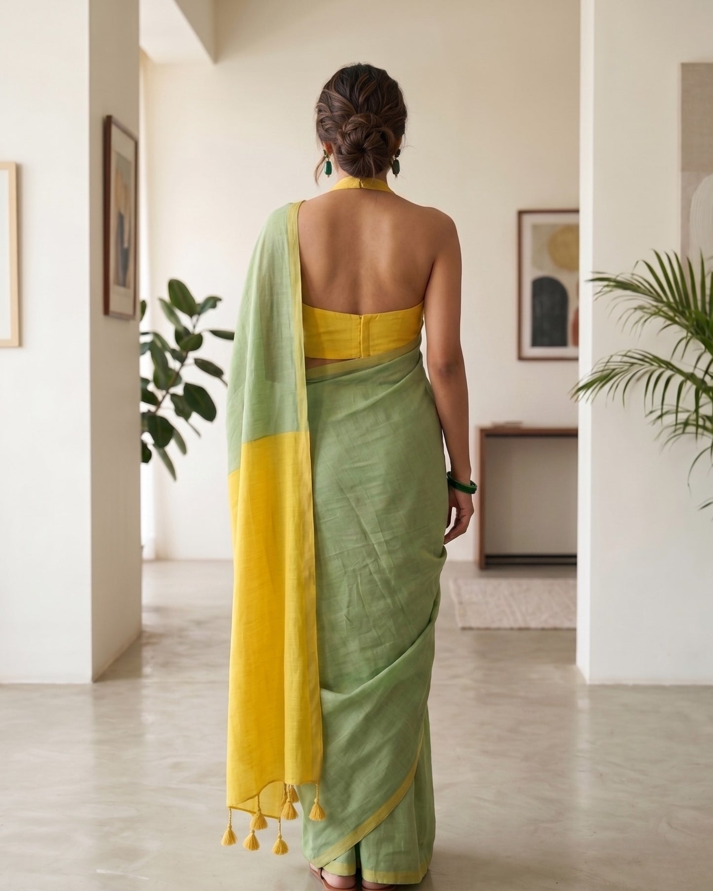 Mint Green and Yellow Handwoven Khadi Cotton Saree