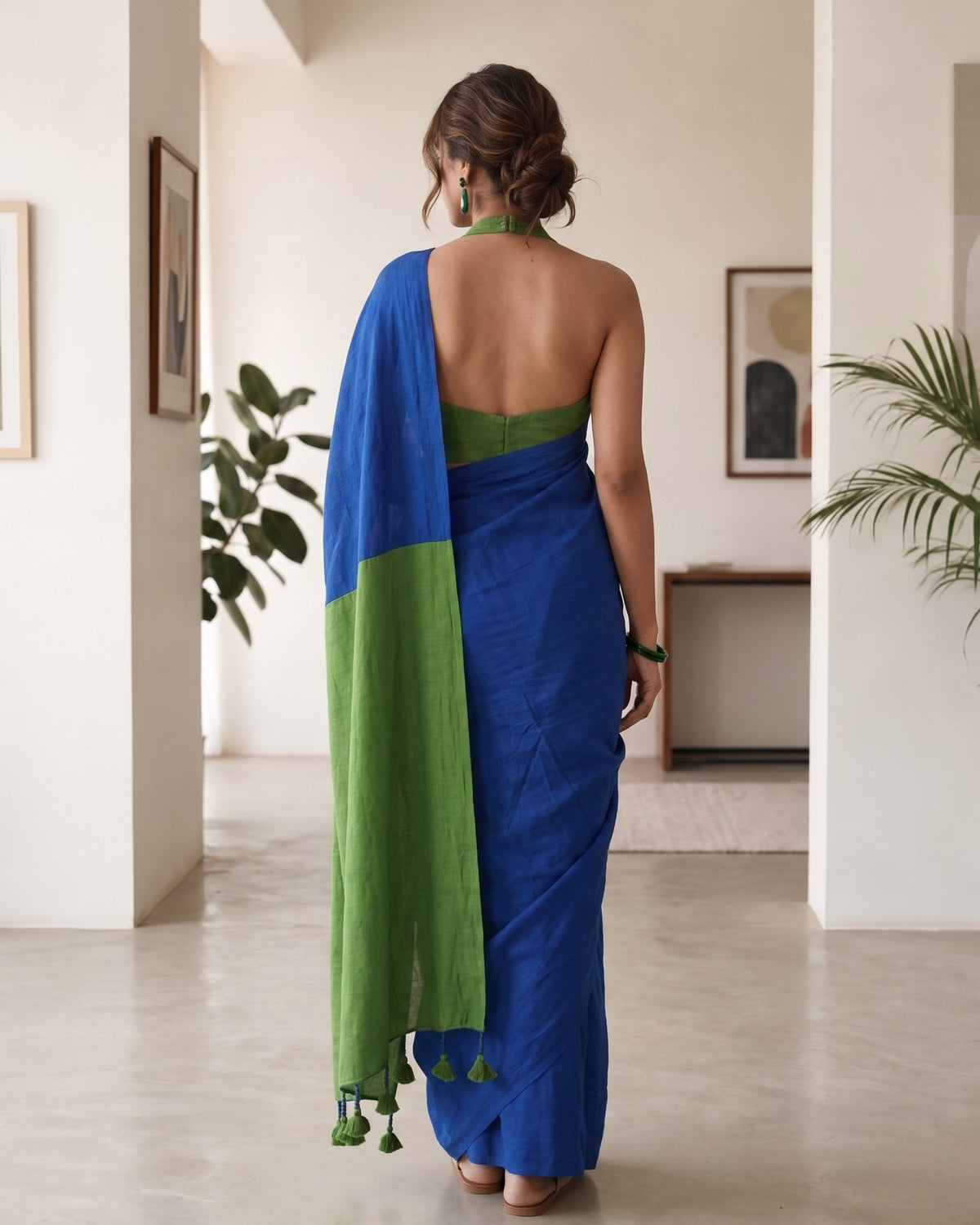 Blue and Green Handwoven Khadi Cotton Saree