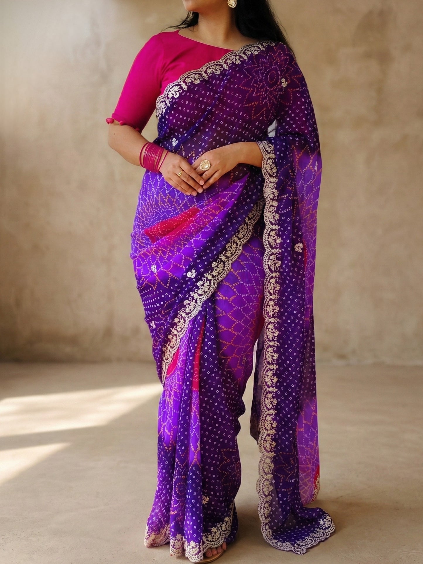 Purple And Pink Bandhani Printed Georgette Saree